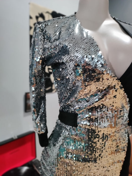 Silver Sequins and black fabric midi dress