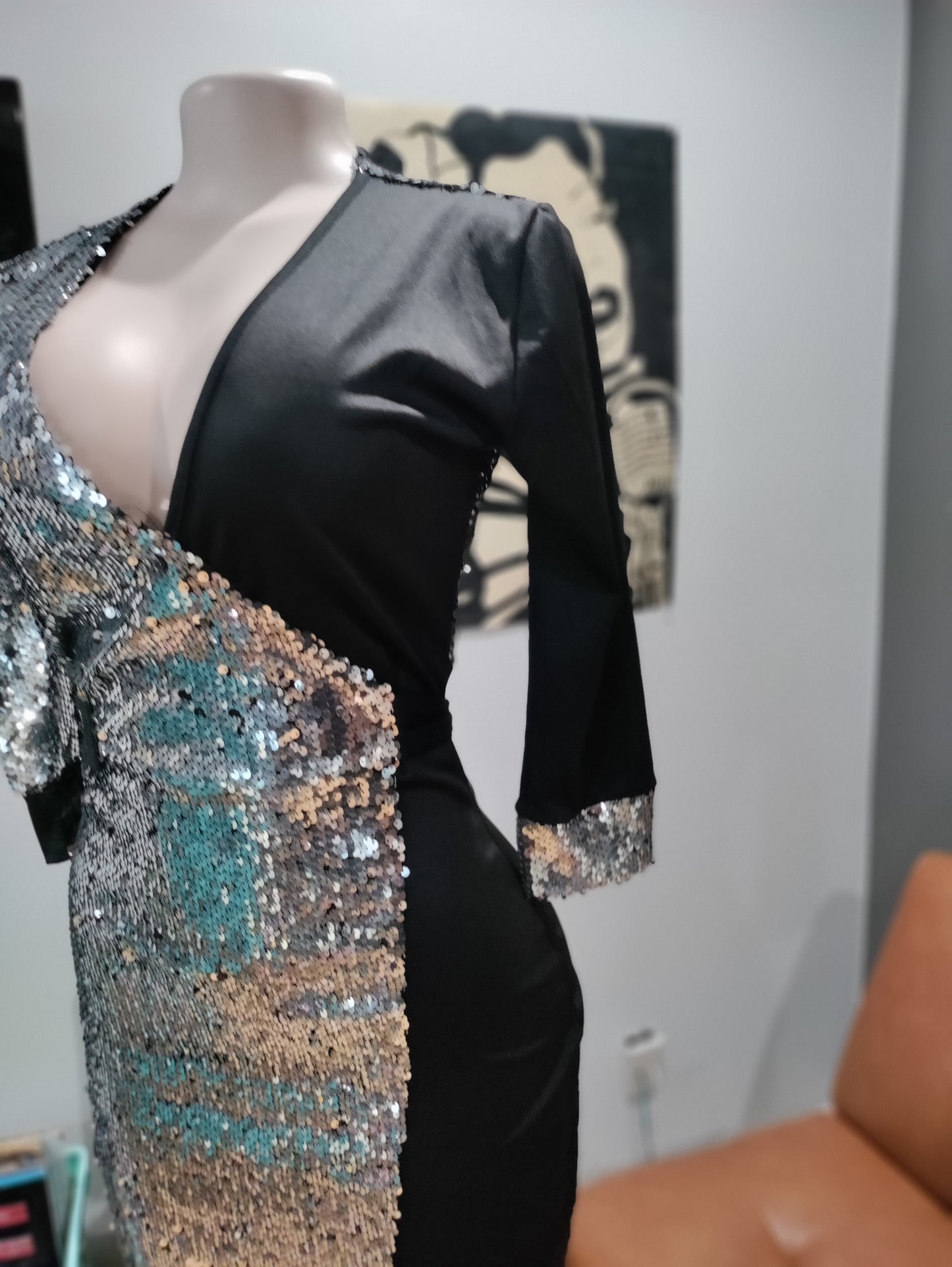 Silver Sequins and black fabric midi dress