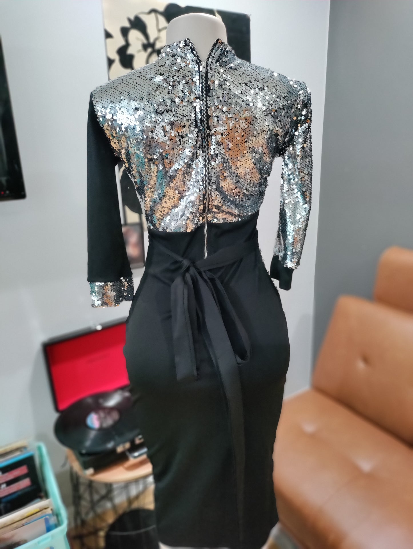 Silver Sequins and black fabric midi dress