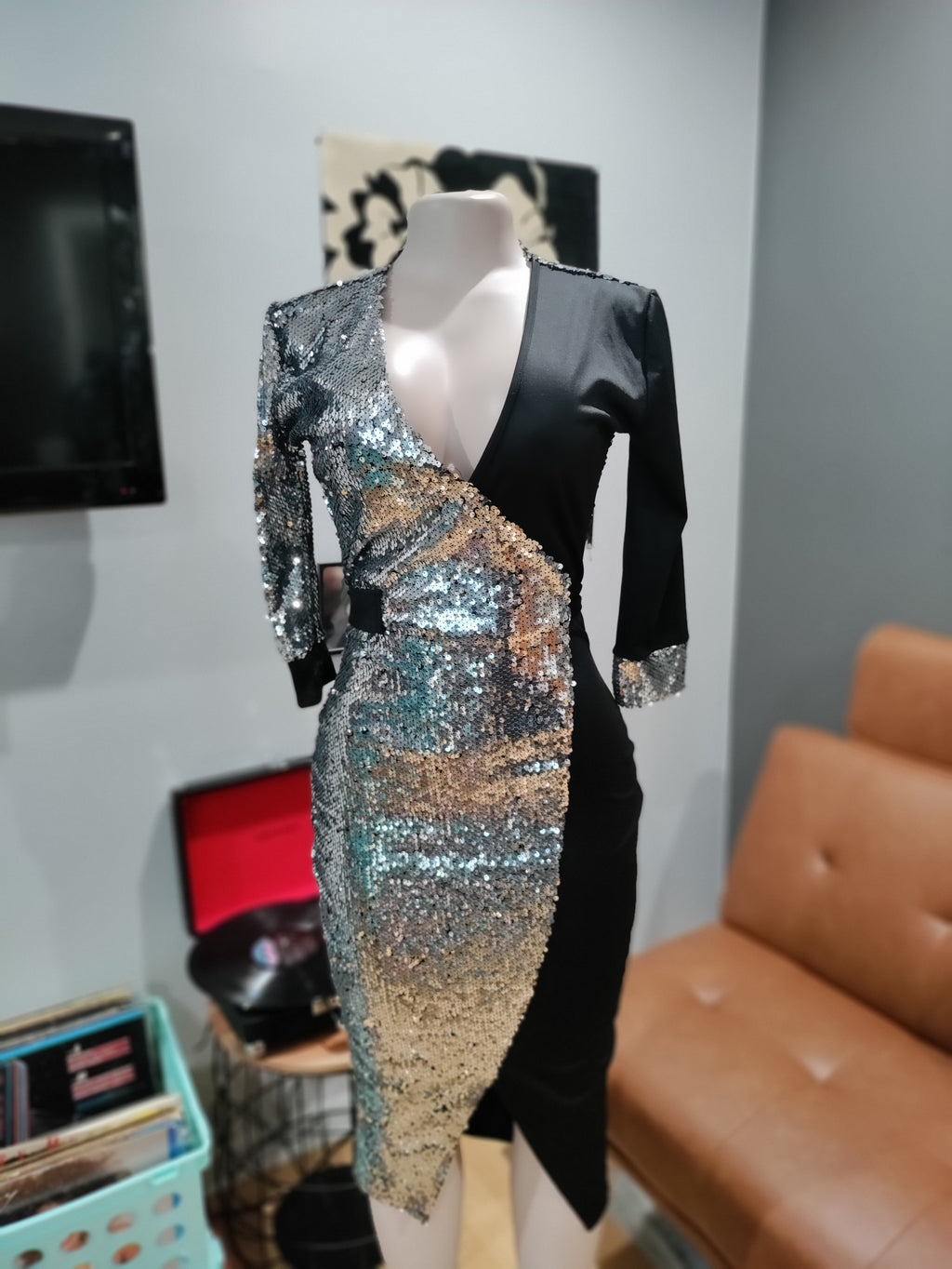 Silver Sequins and black fabric midi dress