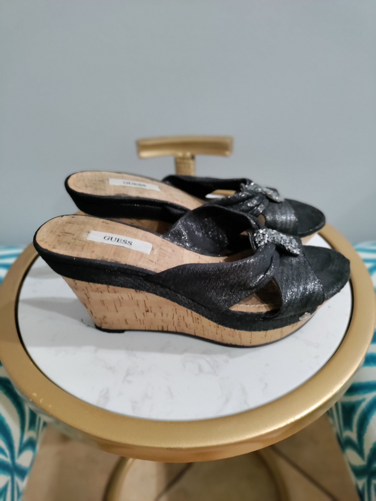 Guess cork black mule heels