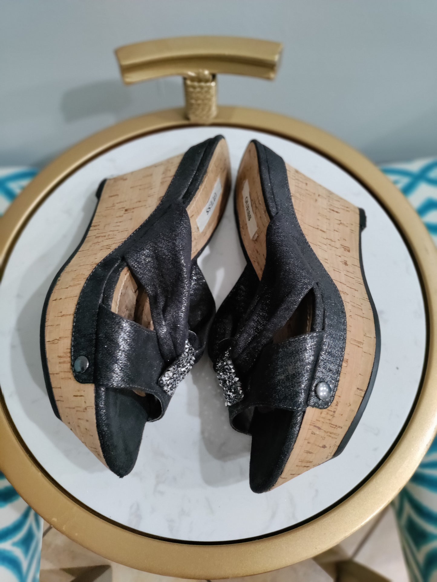 Guess cork black mule heels