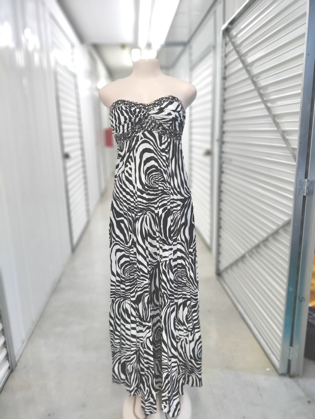 Zebra print strapless evening gown